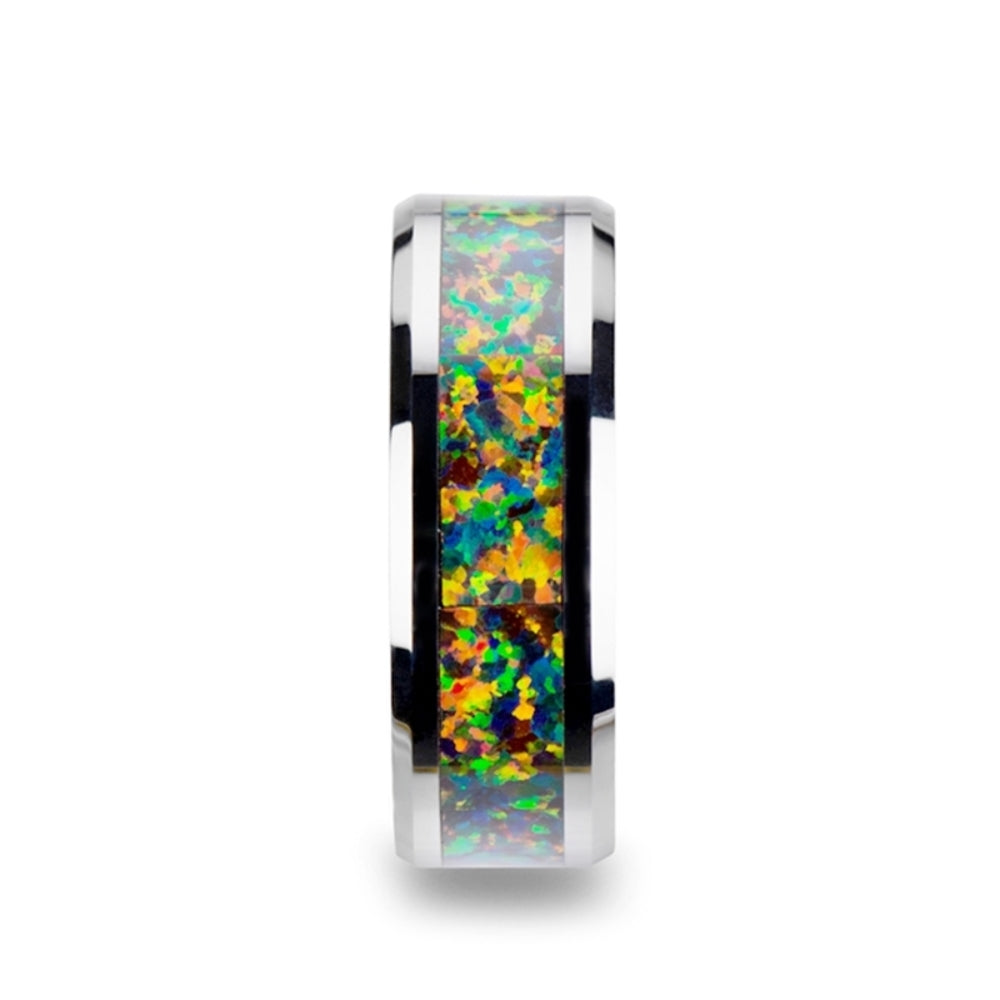 Mens Tungsten Carbide Blue & Orange Opal Inlay Wedding Ring - Polished Beveled Comfort Fit - 8mm Wide - Style name: ETHEREAL