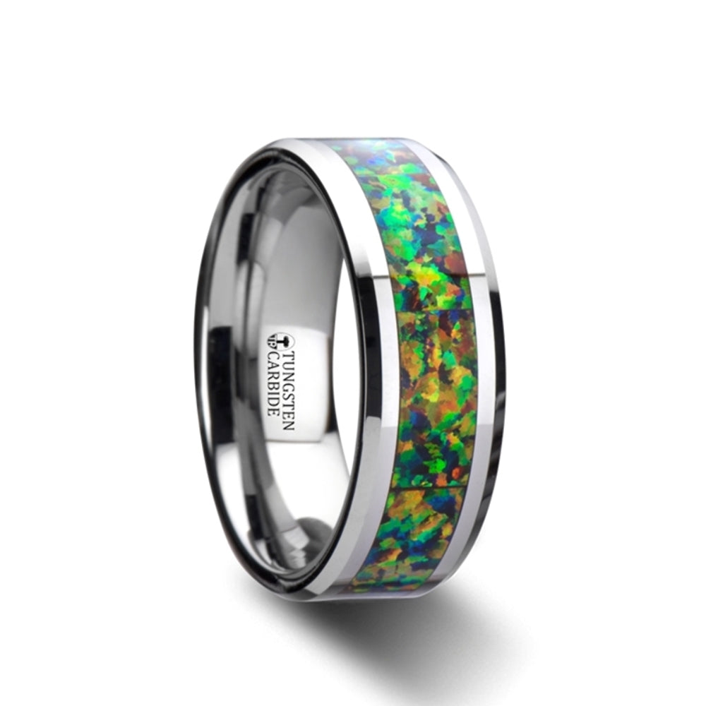 Mens Tungsten Carbide Blue & Orange Opal Inlay Wedding Ring - Polished Beveled Comfort Fit - 8mm Wide - Style name: ETHEREAL
