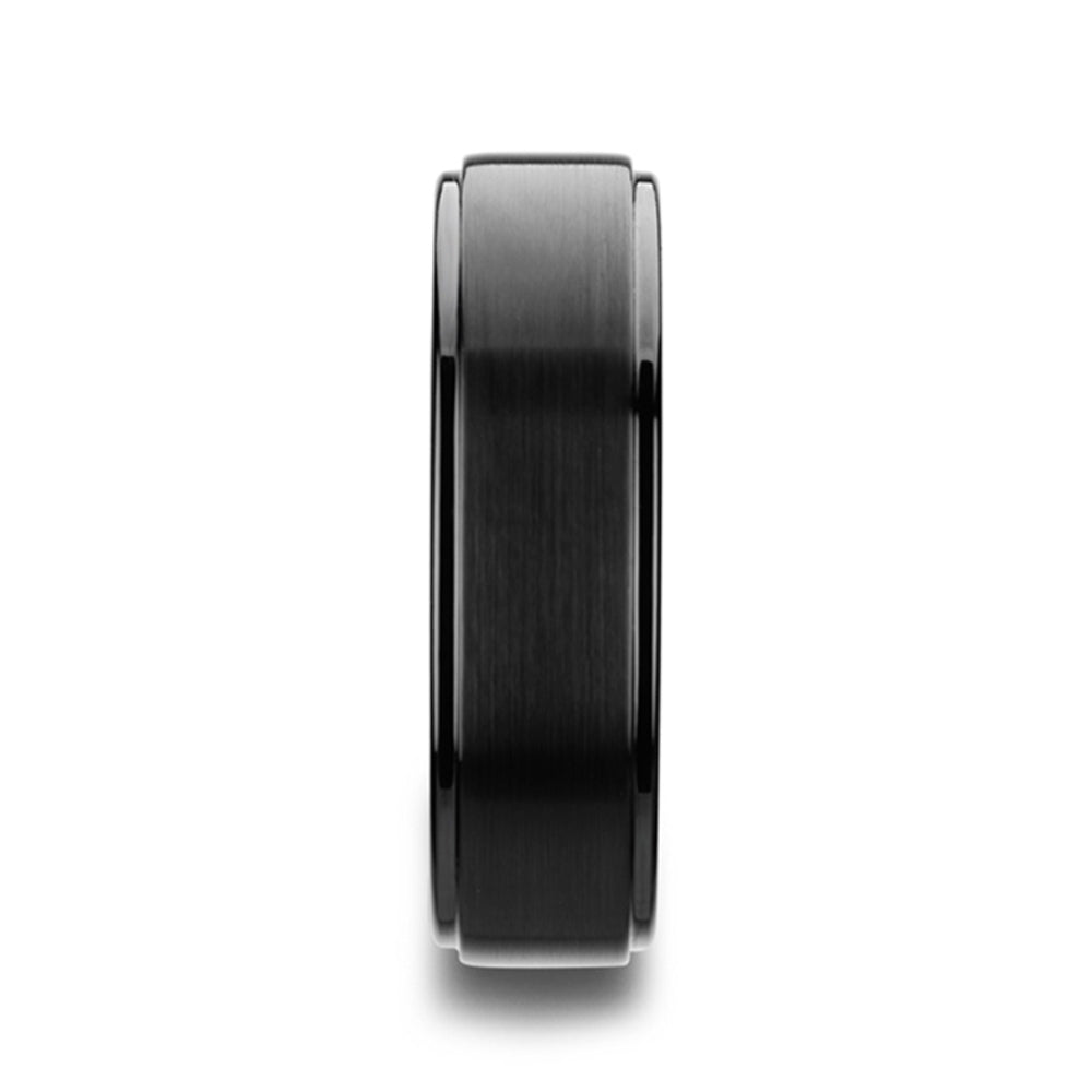 Mens Black Tungsten Brushed Raised Center Polished Step Edges Wedding Ring - Flat Comfort Fit - 6mm 8mm Wide - Style name: ORION