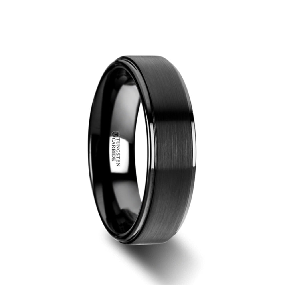 Mens Black Tungsten Brushed Raised Center Polished Step Edges Wedding Ring - Flat Comfort Fit - 6mm 8mm Wide - Style name: ORION