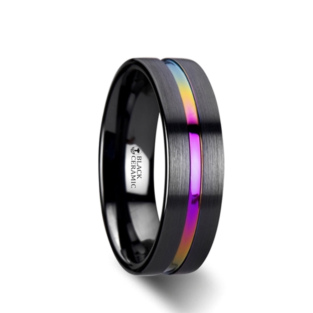 Mens Black Ceramic Rainbow Groove Wedding Ring - Flat Brushed Comfort Fit - 4mm 6mm 8mm Wide - Style name: AZURE