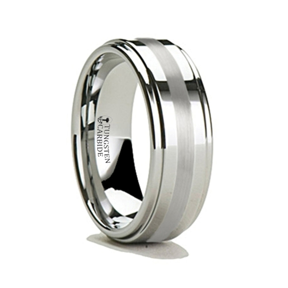 Mens Tungsten Carbide Silver Inlaid Wedding Ring - Raised Center Comfort Fit - 6mm 8mm Wide - Style name: LOKI