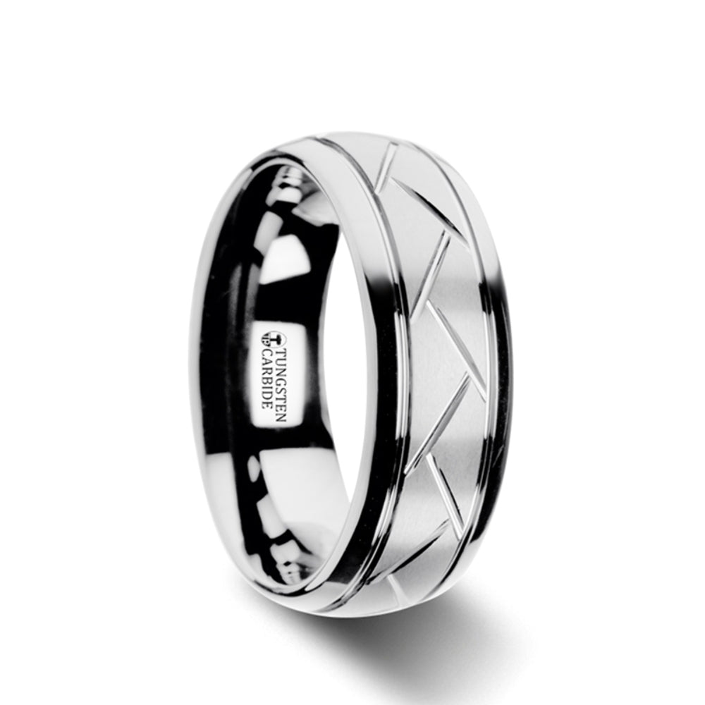 Mens Tungsten Carbide Crisscross Grooves Domed Wedding Ring - Brushed Finish Comfort Fit - 8mm Wide - Style name: OCTAVIAN