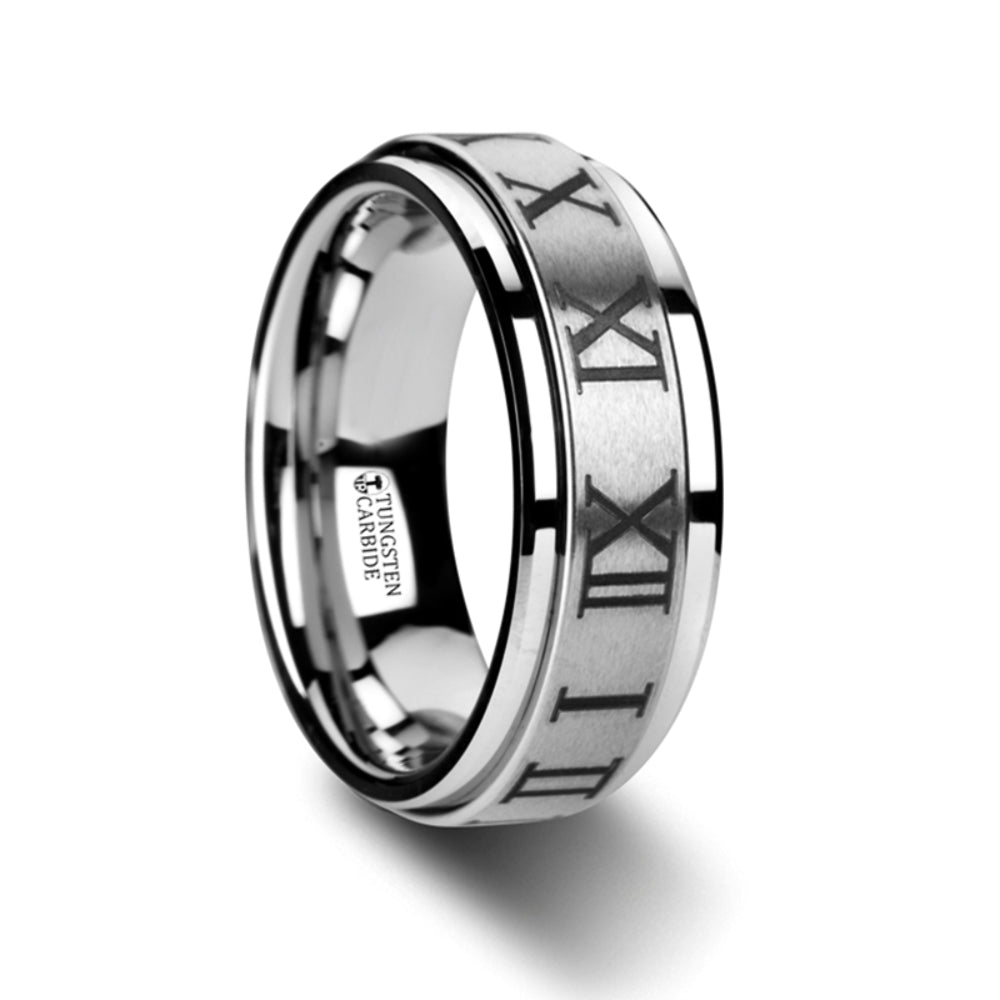 Mens Tungsten Raised Center Roman Numerals Spinner Wedding Ring - Brush Finish Comfort Fit - 8mm Wide - Style name: IMPERIUS