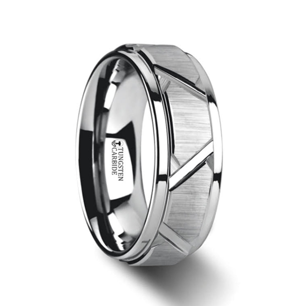 Mens Tungsten Raised Center Triangle Angle Grooves Wedding Ring - Brushed Comfort Fit - 8mm Wide - Style name: VESTIGE