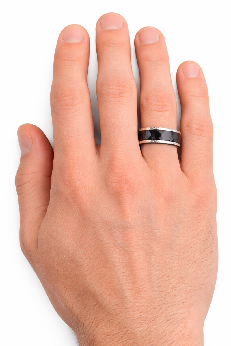 Mens Black Ceramic Diamond Faceted Spinner Wedding Ring - Polished Beveled Edges Comfort Fit - 8mm Wide - Style name: HICKOK