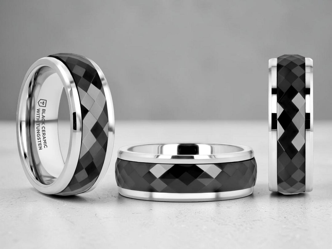 Mens Black Ceramic Diamond Faceted Spinner Wedding Ring - Polished Beveled Edges Comfort Fit - 8mm Wide - Style name: HICKOK