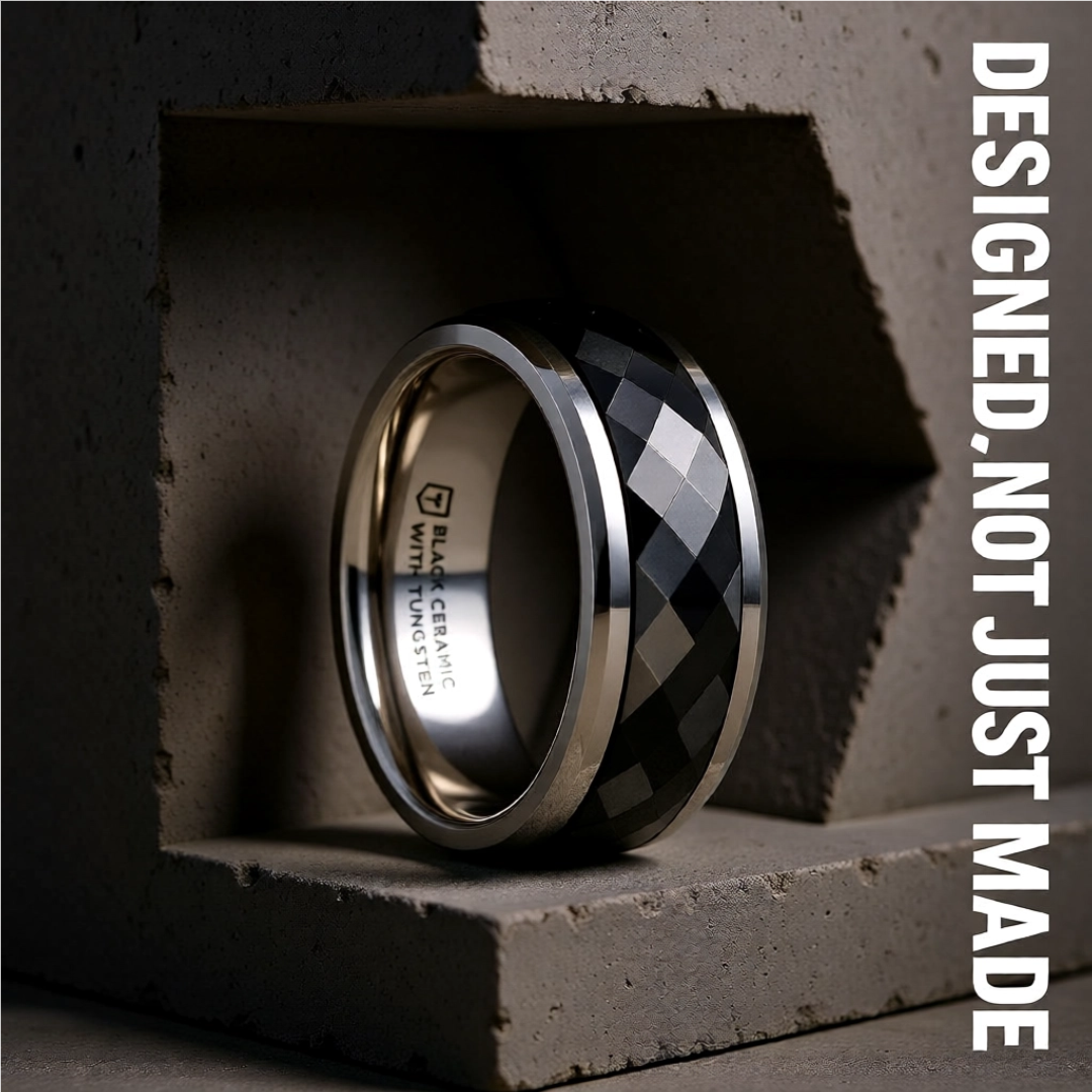 Mens Black Ceramic Diamond Faceted Spinner Wedding Ring - Polished Beveled Edges Comfort Fit - 8mm Wide - Style name: HICKOK