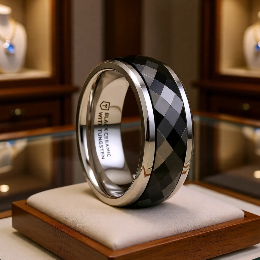 Mens Black Ceramic Diamond Faceted Spinner Wedding Ring - Polished Beveled Edges Comfort Fit - 8mm Wide - Style name: HICKOK