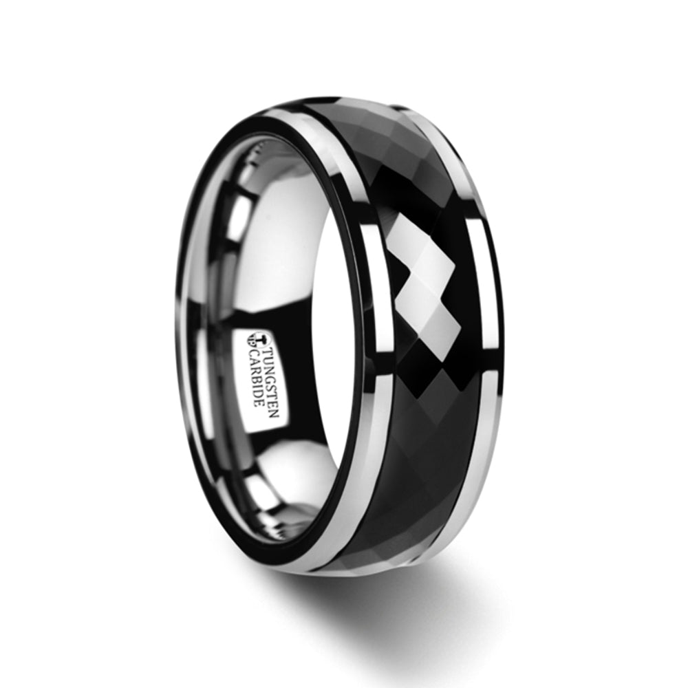 Mens Black Ceramic Diamond Faceted Spinner Wedding Ring - Polished Beveled Edges Comfort Fit - 8mm Wide - Style name: HICKOK