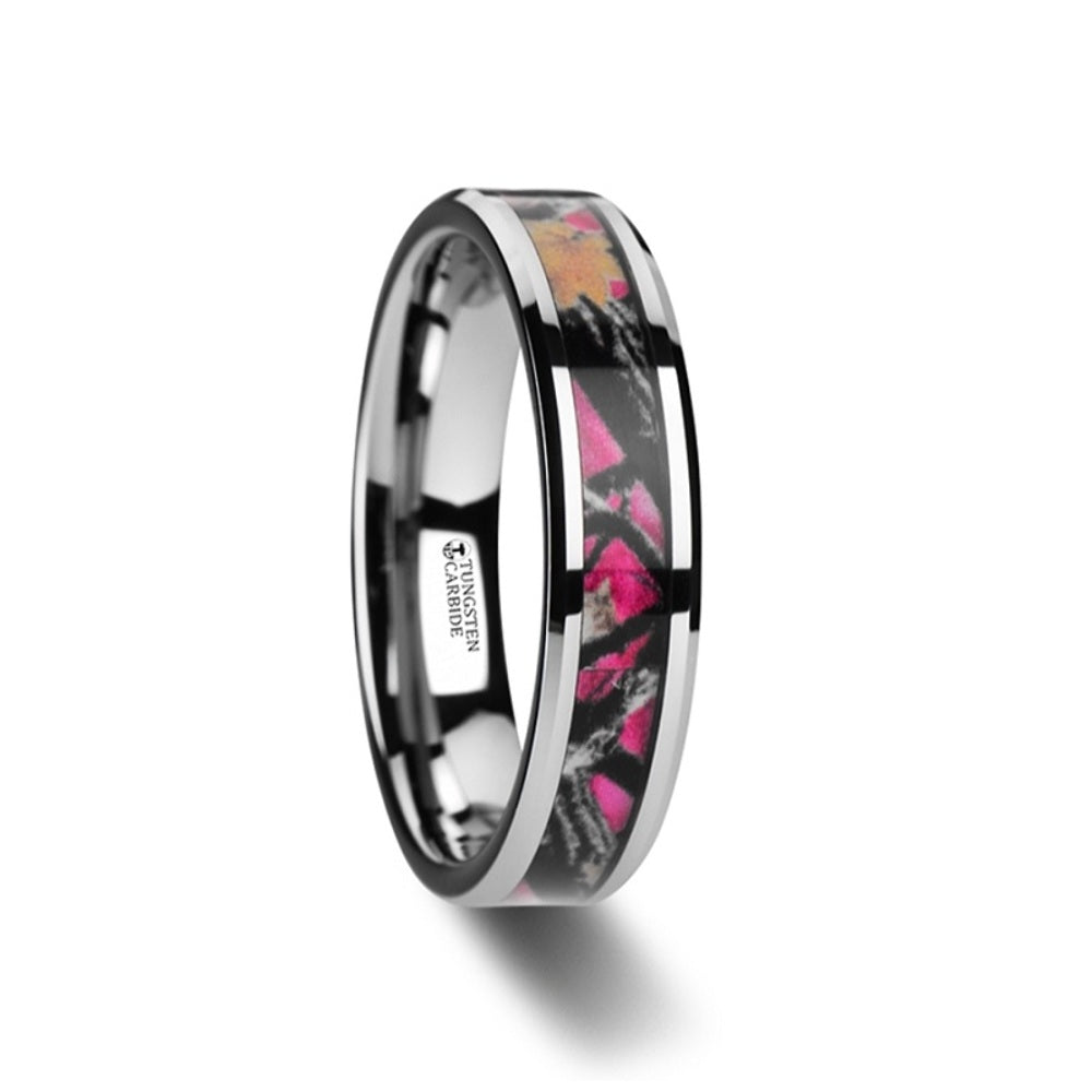 Mens Comfort Fit -Realistc Tree Camo Tungsten Carbide Wedding Band - Real Pink Oak Leaves - 6mm 8mm Wide - Style name: JULIET