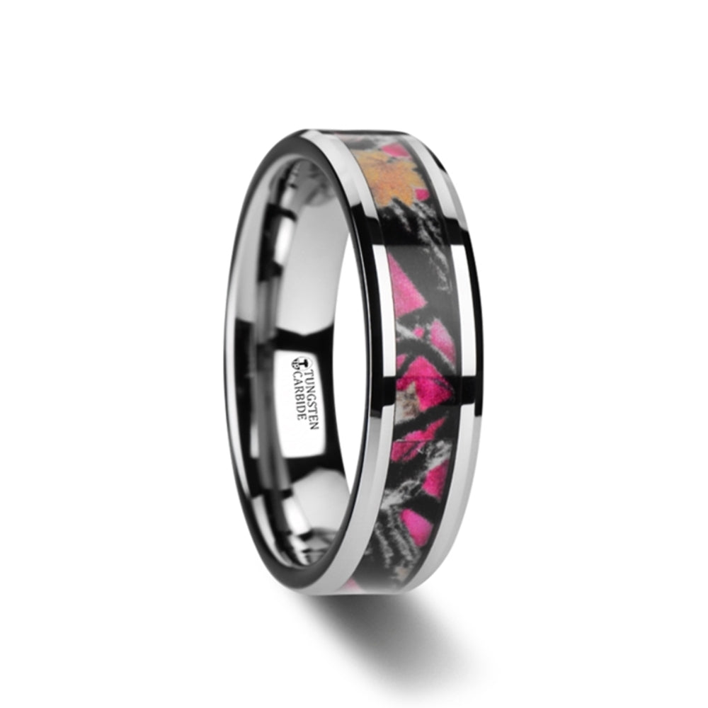 Mens Comfort Fit -Realistc Tree Camo Tungsten Carbide Wedding Band - Real Pink Oak Leaves - 6mm 8mm Wide - Style name: JULIET
