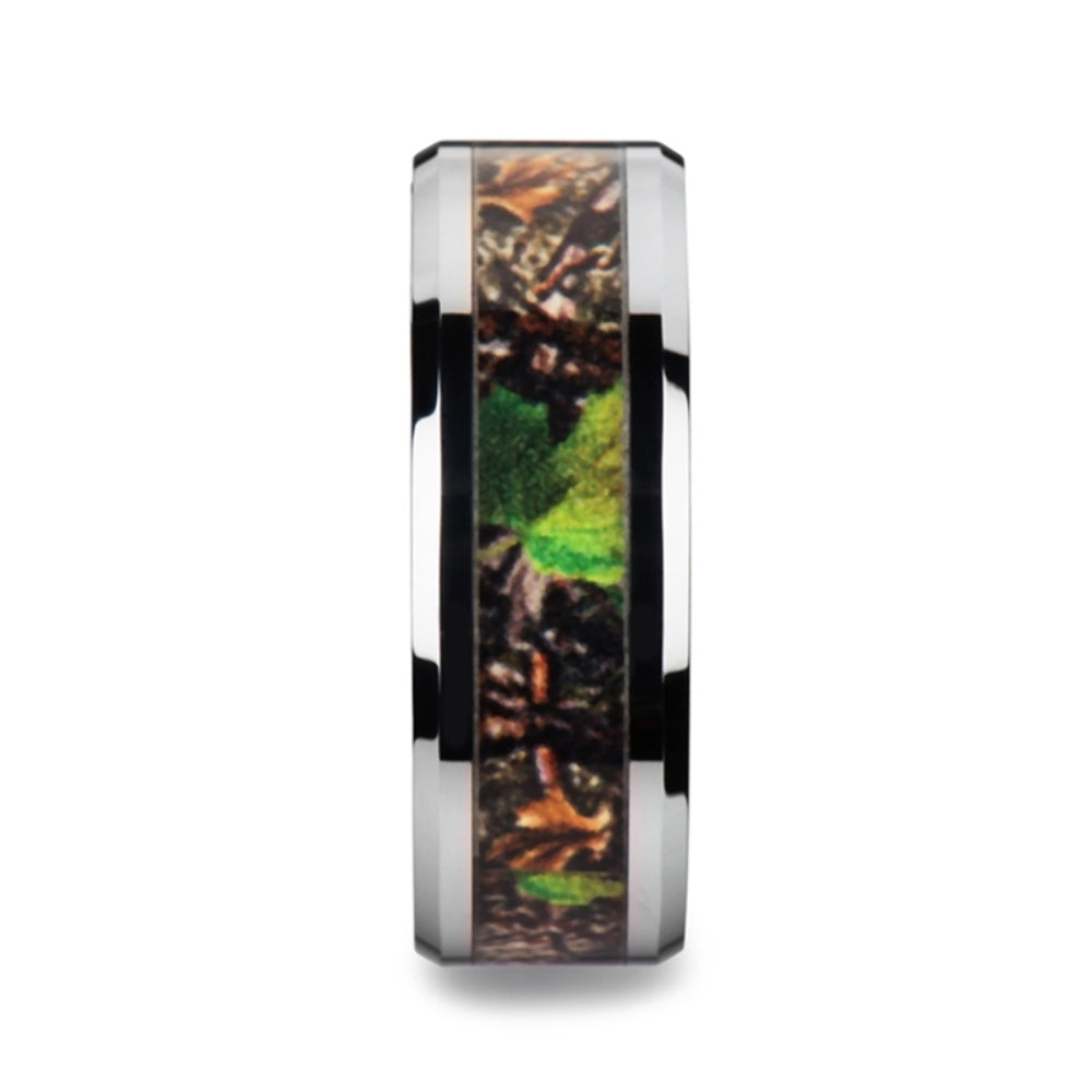 Mens Tungsten Realistic Tree Camo Green Leaves Wedding Ring - Polished Beveled Comfort Fit - 8mm Wide - Style name: OVERGROWTH