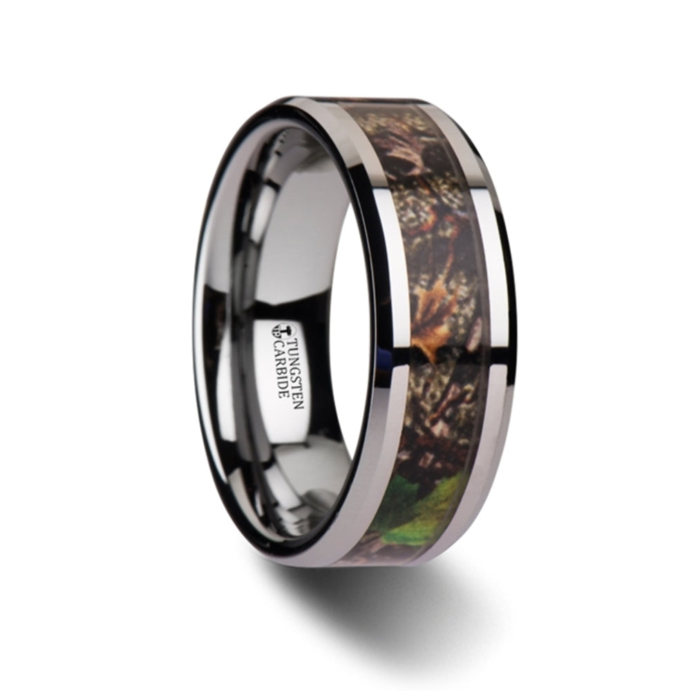 Mens Tungsten Realistic Tree Camo Green Leaves Wedding Ring - Polished Beveled Comfort Fit - 8mm Wide - Style name: OVERGROWTH