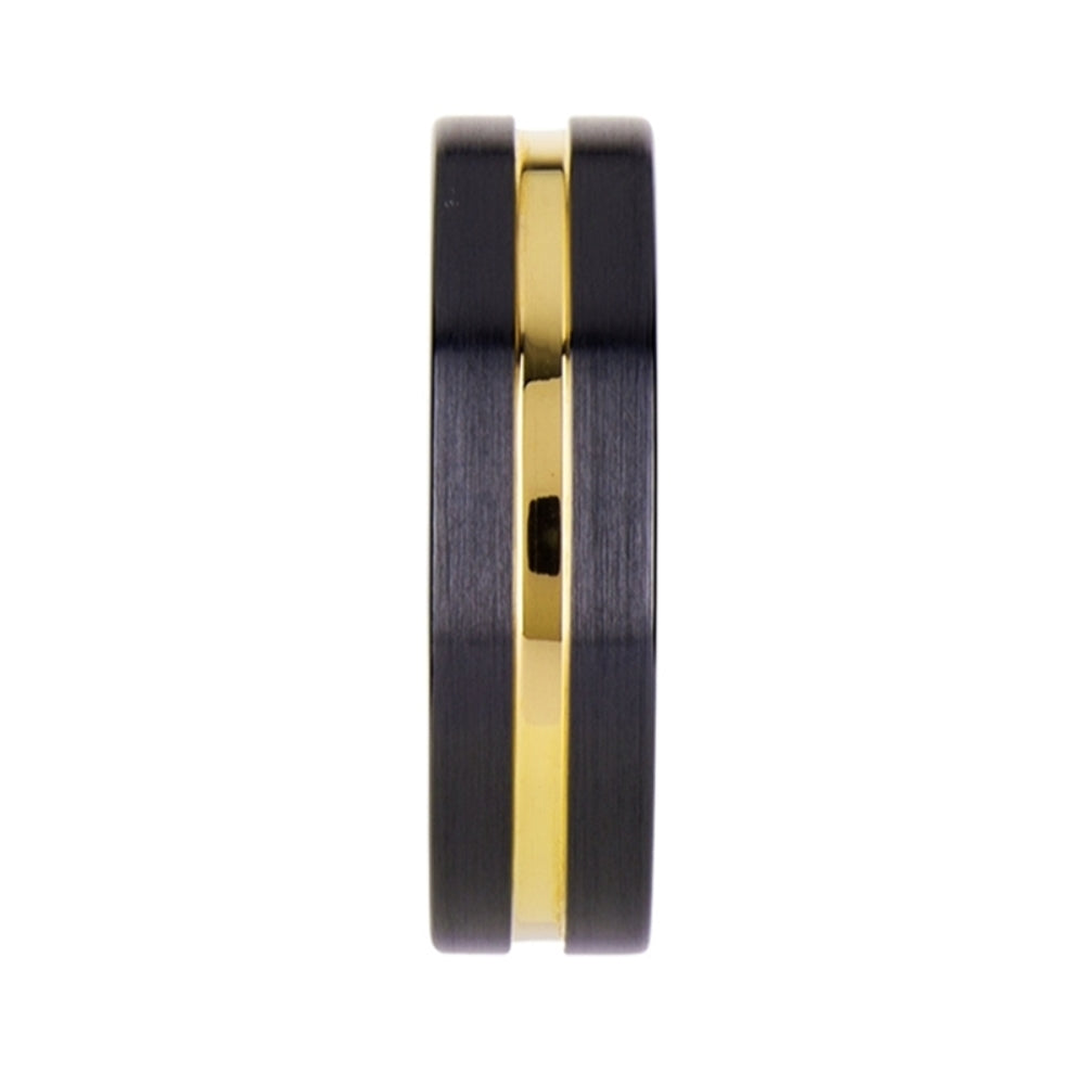 Mens Black Ceramic Yellow Gold Groove Wedding Ring - Brushed Finish Comfort Fit - 6mm 8mm Wide - Style name: VIVALDI