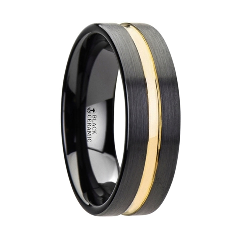 Mens Black Ceramic Yellow Gold Groove Wedding Ring - Brushed Finish Comfort Fit - 6mm 8mm Wide - Style name: VIVALDI