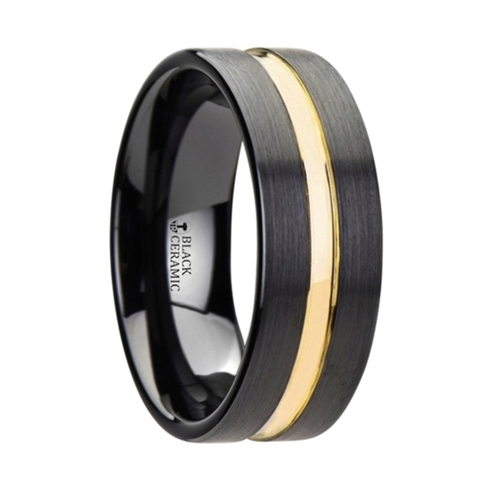 Mens Black Ceramic Yellow Gold Groove Wedding Ring - Brushed Finish Comfort Fit - 6mm 8mm Wide - Style name: VIVALDI