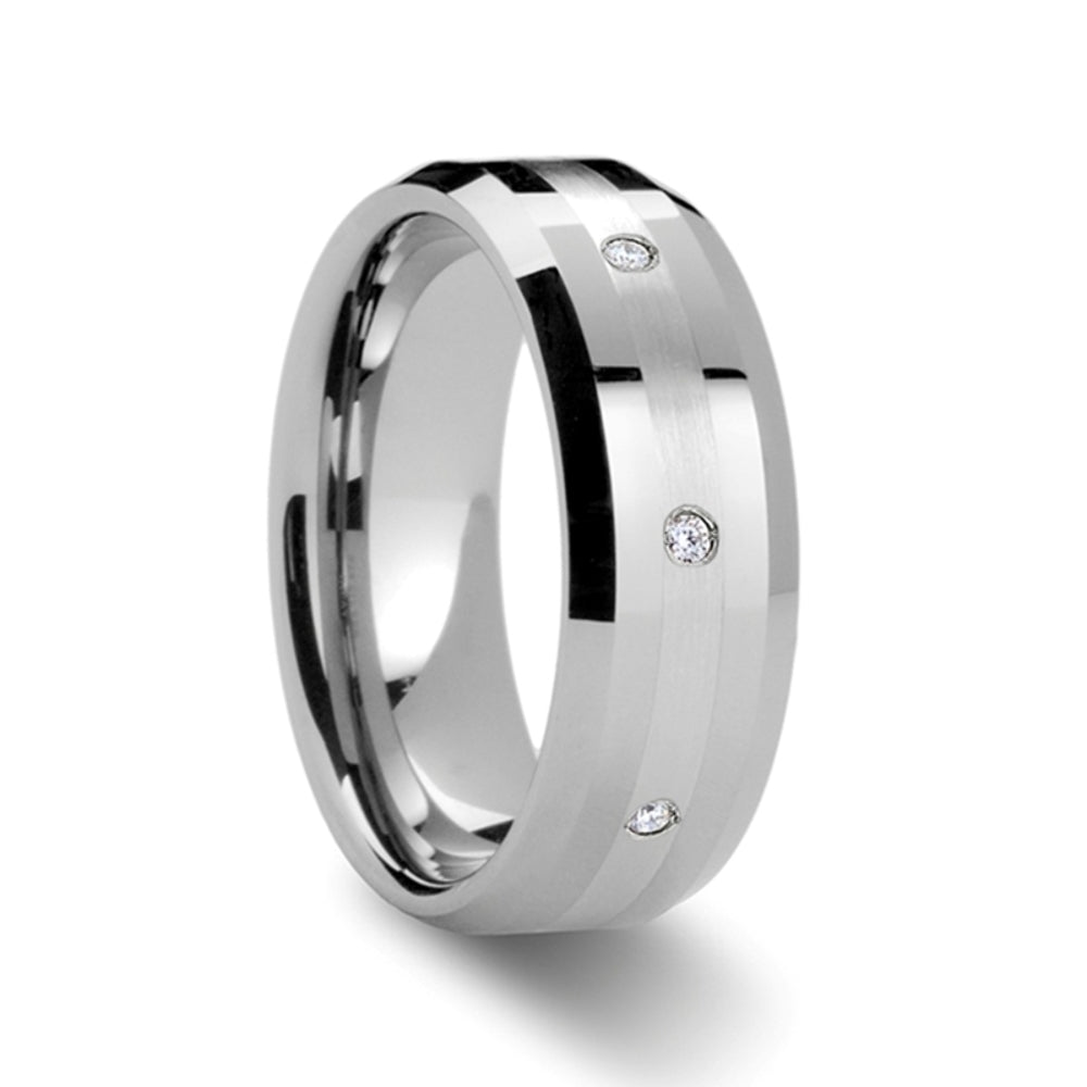 Mens Tungsten Platinum Inlay Diamond Wedding Ring - Beveled Comfort Fit - 8mm Wide - Style name: NEWPORT