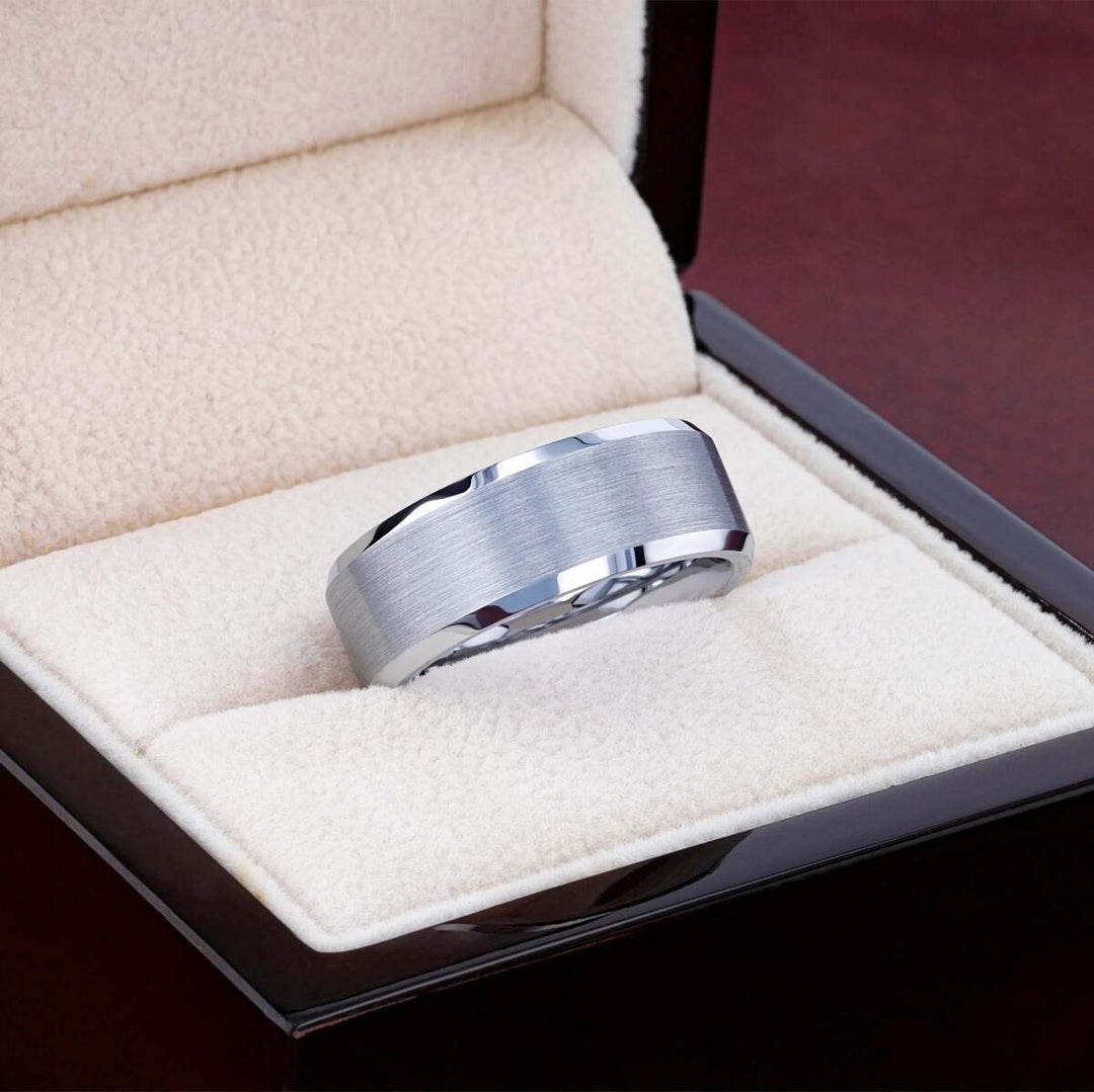 Mens Tungsten Brushed Center Flat Wedding Ring - Beveled Comfort Fit - 4mm 6mm 7mm 8mm 10mm 12mm Wide - Style name: SHEFFIELD