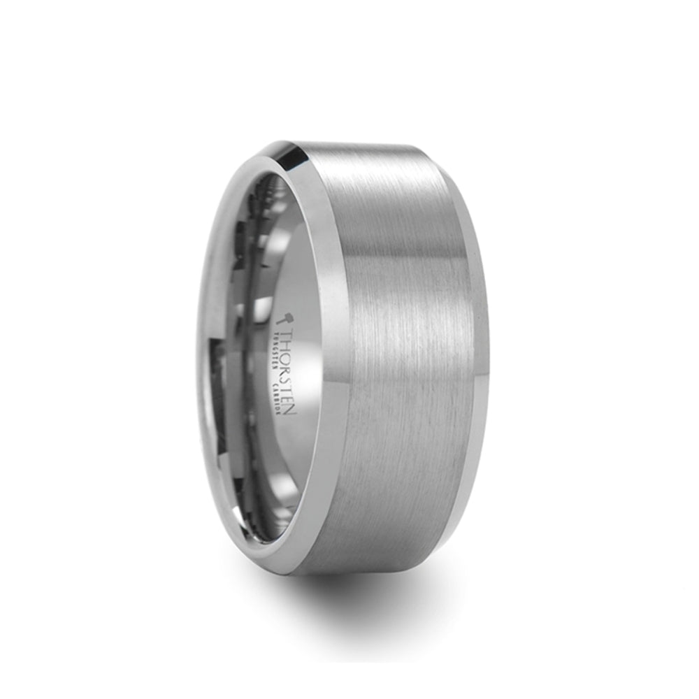 Mens Tungsten Brushed Center Flat Wedding Ring - Beveled Comfort Fit - 4mm 6mm 7mm 8mm 10mm 12mm Wide - Style name: SHEFFIELD