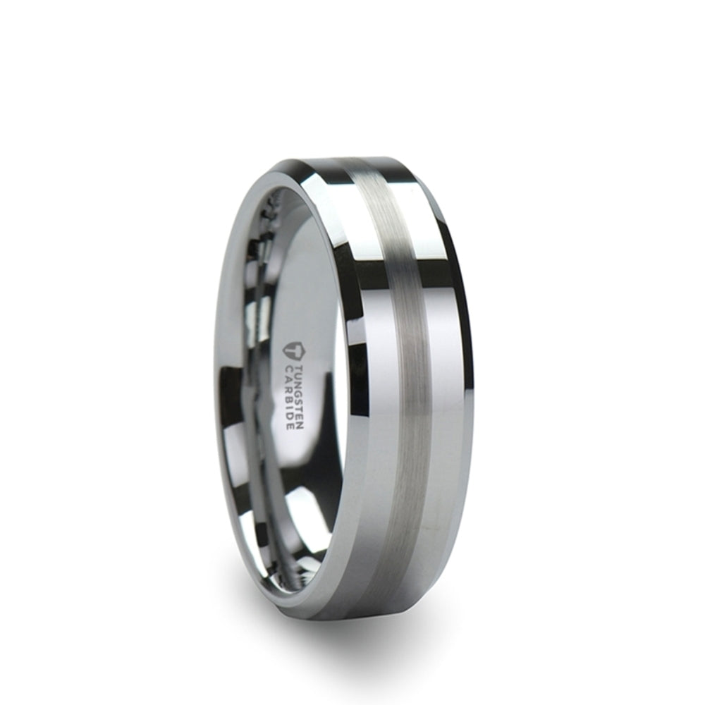 Mens Tungsten Carbide Brushed Stripe Wedding Ring - Flat Beveled Comfort Fit - 6mm 8mm Wide - Style name: GRENOBLE