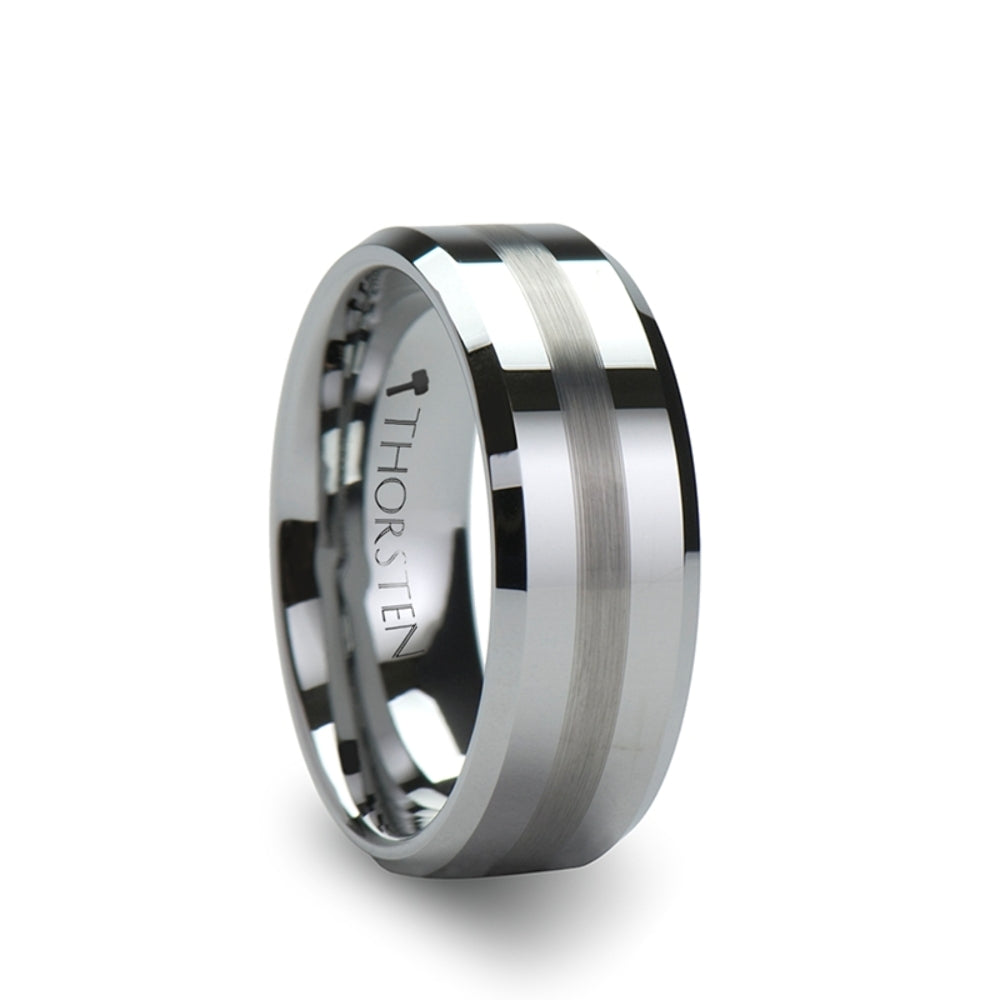Mens Tungsten Carbide Brushed Stripe Wedding Ring - Flat Beveled Comfort Fit - 6mm 8mm Wide - Style name: GRENOBLE