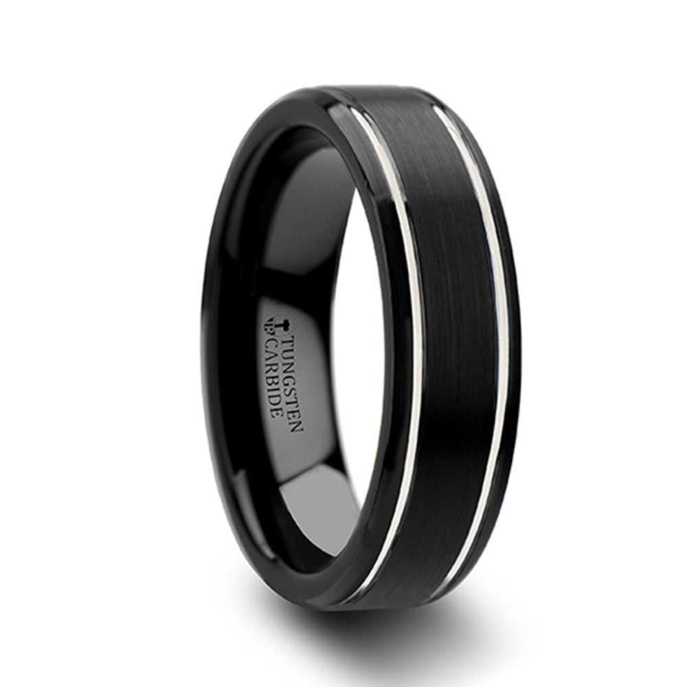 Mens Tungsten Carbide Brushed Finish Polished Grooves Black Wedding Ring - Beveled Comfort Fit - 6mm 8mm Wide - Style name: NOCTURNE