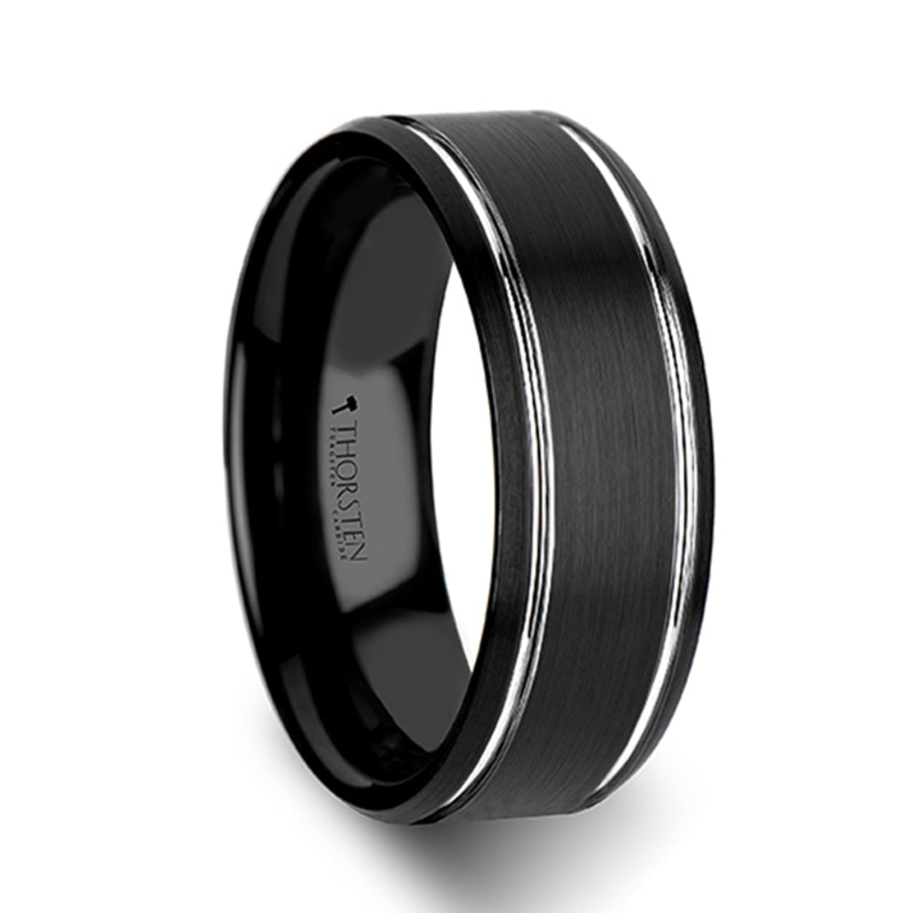Mens Tungsten Carbide Brushed Finish Polished Grooves Black Wedding Ring - Beveled Comfort Fit - 6mm 8mm Wide - Style name: NOCTURNE