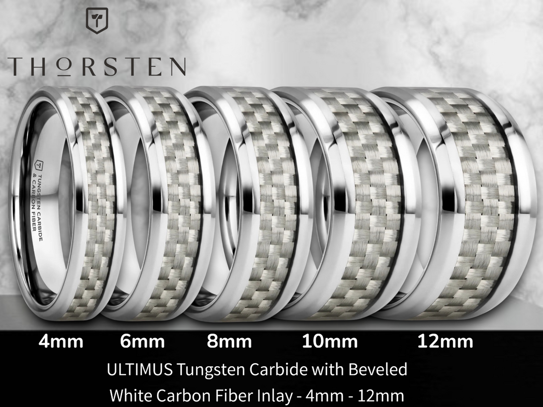 Mens Tungsten Carbide White Carbon Fiber Inlay Wedding Ring - Beveled Comfort Fit - 4mm 6mm 8mm 10mm 12mm Wide - Style name: ULTIMUS
