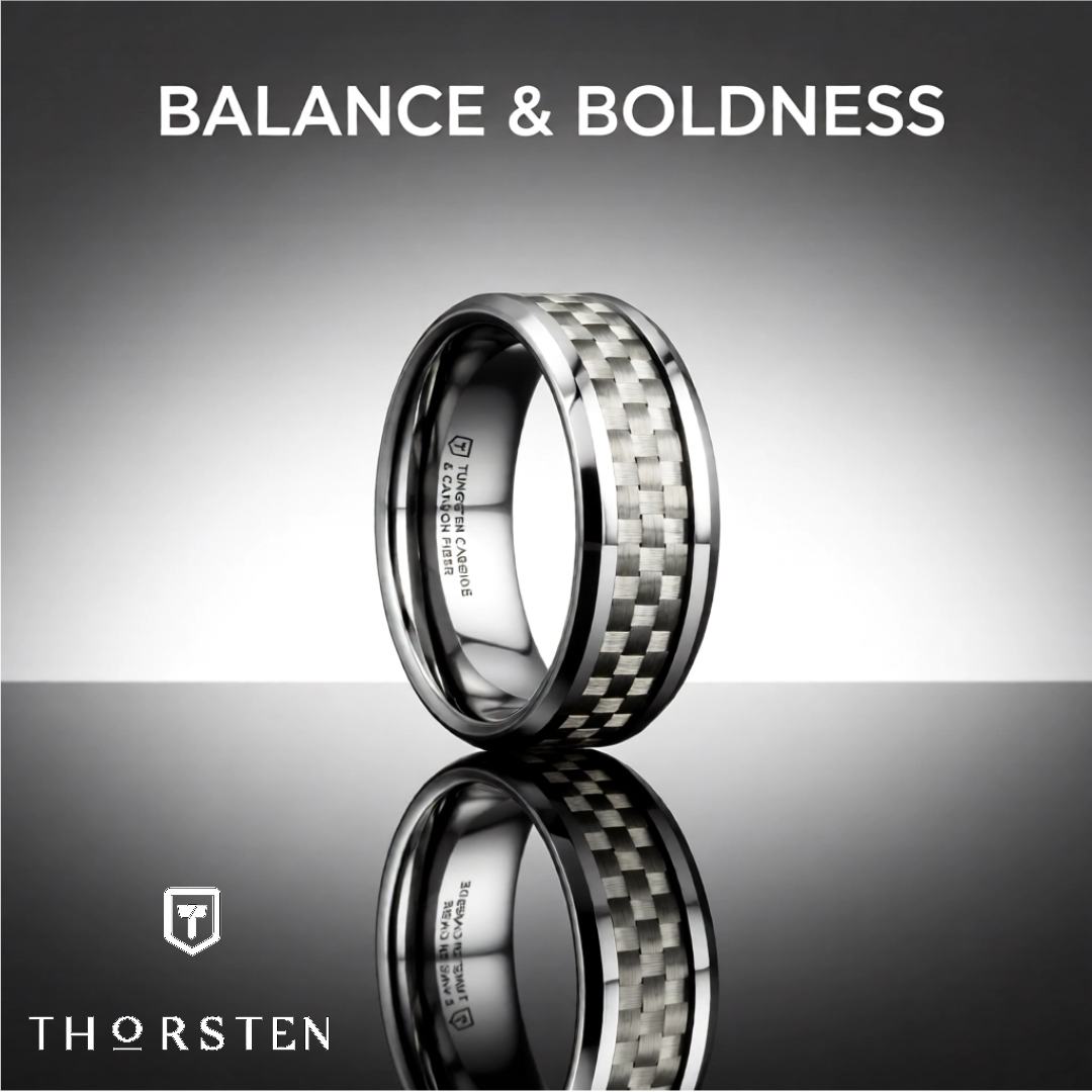 Mens Tungsten Carbide White Carbon Fiber Inlay Wedding Ring - Beveled Comfort Fit - 4mm 6mm 8mm 10mm 12mm Wide - Style name: ULTIMUS