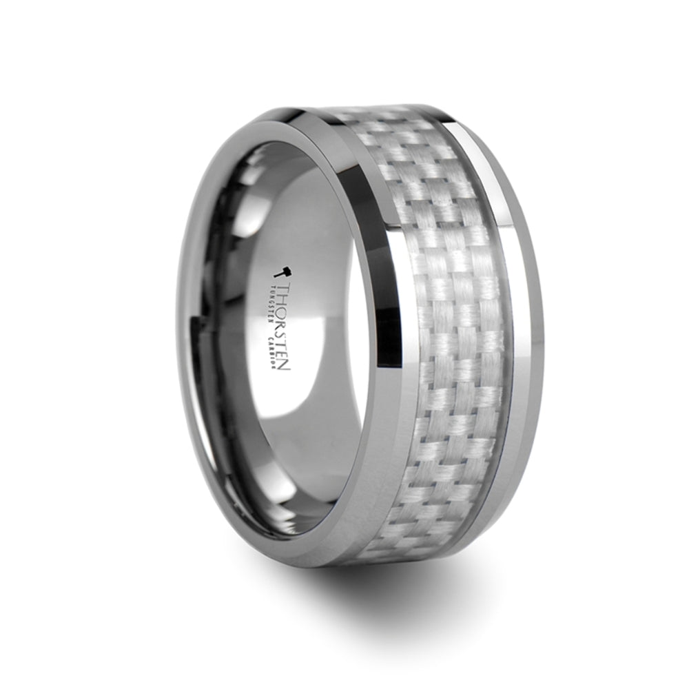 Mens Tungsten Carbide White Carbon Fiber Inlay Wedding Ring - Beveled Comfort Fit - 4mm 6mm 8mm 10mm 12mm Wide - Style name: ULTIMUS