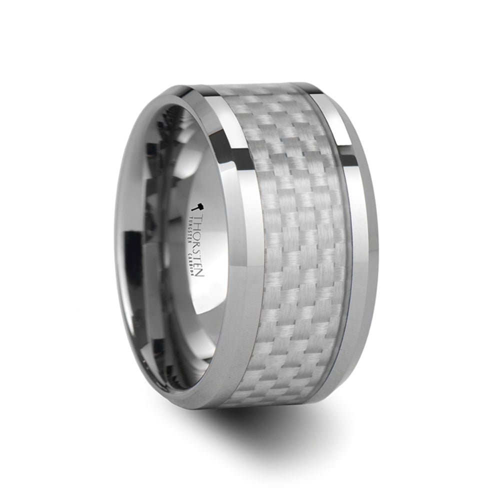 Mens Tungsten Carbide White Carbon Fiber Inlay Wedding Ring - Beveled Comfort Fit - 4mm 6mm 8mm 10mm 12mm Wide - Style name: ULTIMUS