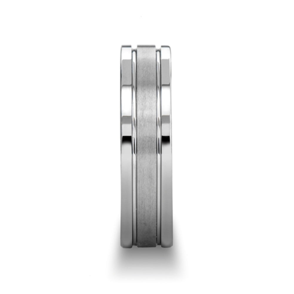 Mens Tungsten Flat Offset Grooves Satin Center Wedding Ring - Polished Edges Comfort Fit - 6mm 8mm Wide - Style name: CHRONOS