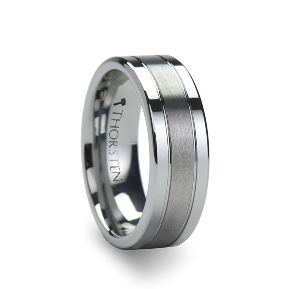 Mens Tungsten Flat Offset Grooves Satin Center Wedding Ring - Polished Edges Comfort Fit - 6mm 8mm Wide - Style name: CHRONOS