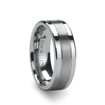Load image into Gallery viewer, Mens Tungsten Flat Offset Grooves Satin Center Wedding Ring - Polished Edges Comfort Fit - 6mm 8mm Wide - Style name: CHRONOS
