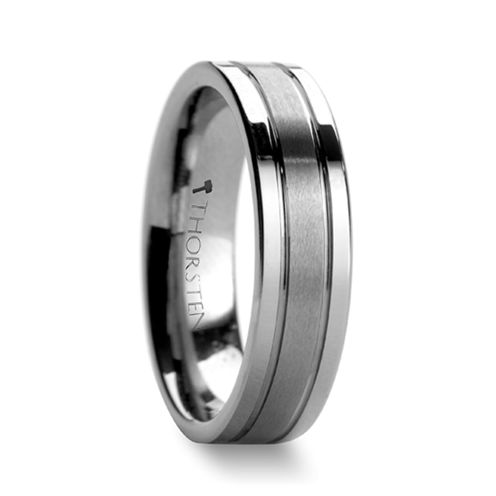 Mens Tungsten Flat Offset Grooves Satin Center Wedding Ring - Polished Edges Comfort Fit - 6mm 8mm Wide - Style name: CHRONOS