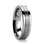 Load image into Gallery viewer, Mens Tungsten Flat Offset Grooves Satin Center Wedding Ring - Polished Edges Comfort Fit - 6mm 8mm Wide - Style name: CHRONOS
