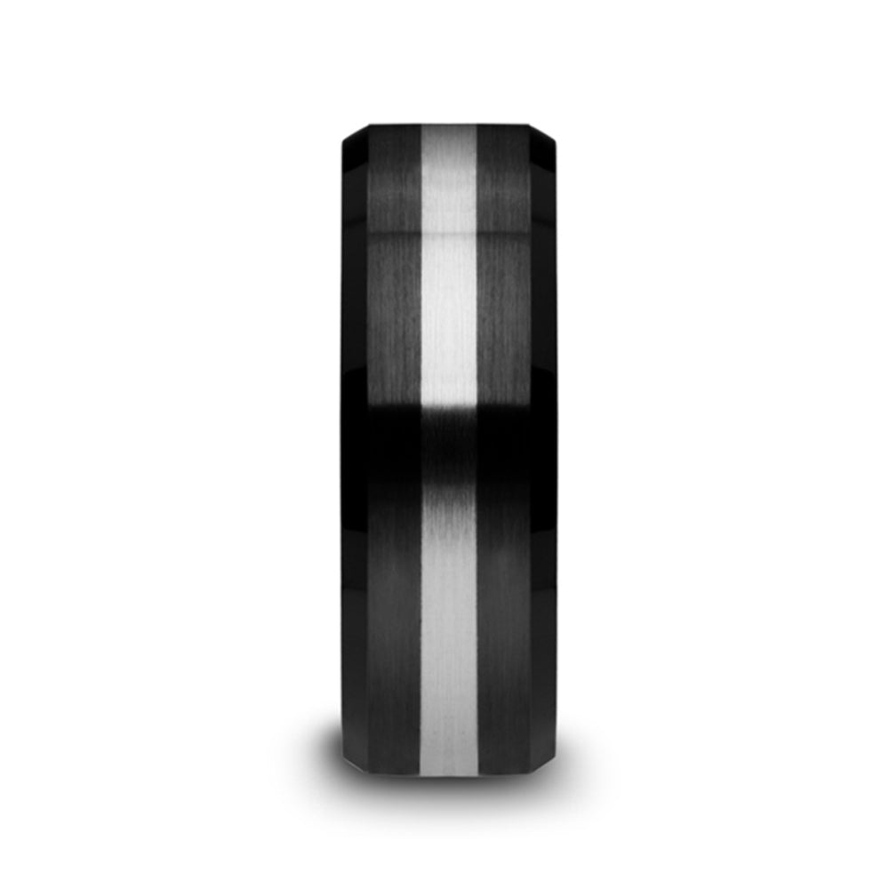 Mens Black Ceramic Tungsten Inlay Wedding Ring - Beveled Brushed Comfort Fit - 6mm 8mm Wide - Style name: PHOENIX