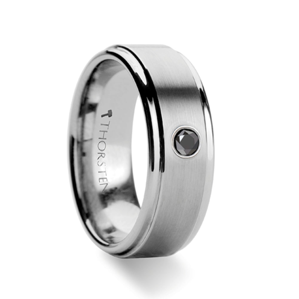 Mens Tungsten Carbide Black Diamond Wedding Ring - Raised Brushed Center Comfort Fit - 8mm Wide - Style name: COVENTRY