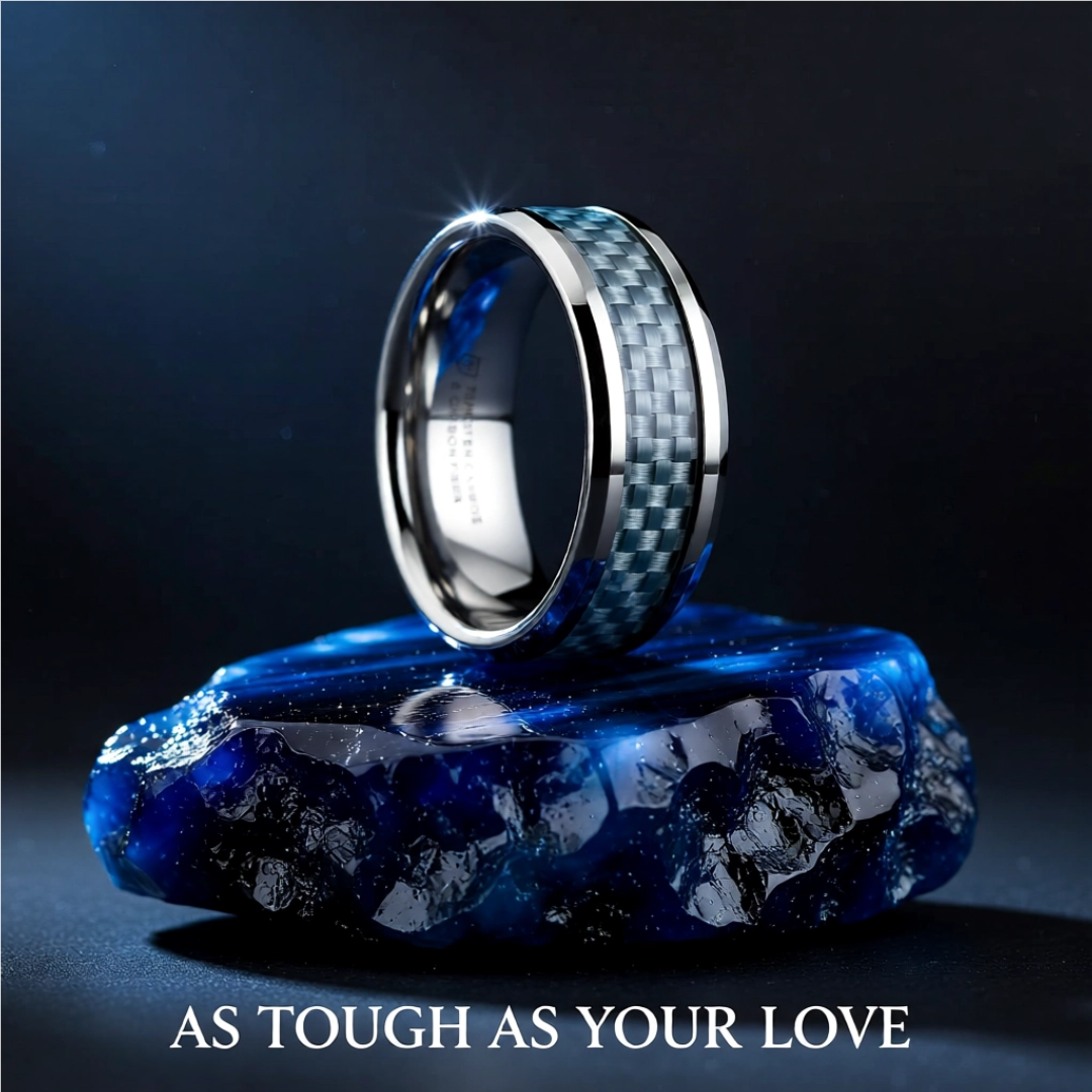 Mens Tungsten Carbide Blue Carbon Fiber Inlay Wedding Ring - Polished Beveled Comfort Fit - 4mm 6mm 8mm 10mm Wide - Style name: AUGUSTUS