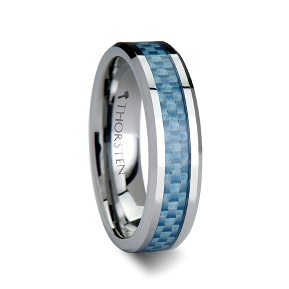 Mens Tungsten Carbide Blue Carbon Fiber Inlay Wedding Ring - Polished Beveled Comfort Fit - 4mm 6mm 8mm 10mm Wide - Style name: AUGUSTUS