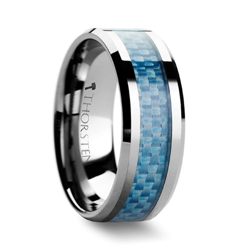 Mens Tungsten Carbide Blue Carbon Fiber Inlay Wedding Ring - Polished Beveled Comfort Fit - 4mm 6mm 8mm 10mm Wide - Style name: AUGUSTUS