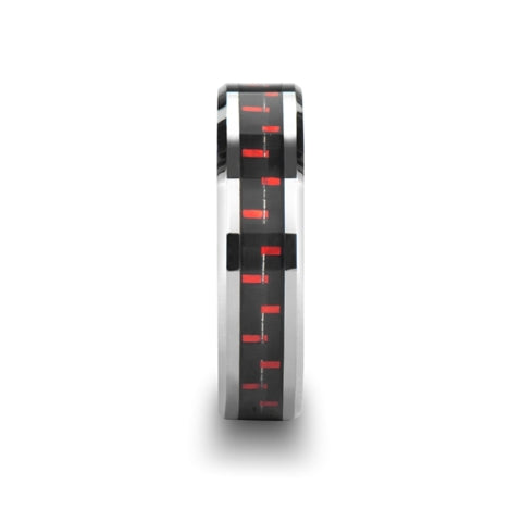 Mens Tungsten Carbide Black & Red Carbon Fiber Inlaid Wedding Ring - Beveled Comfort Fit - 6mm 8mm Wide - Style name: AURELIUS