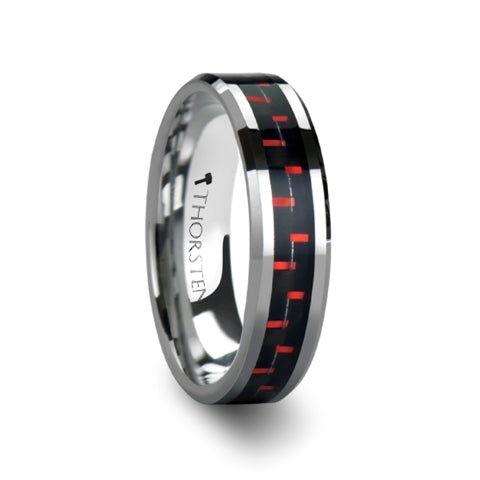 Mens Tungsten Carbide Black & Red Carbon Fiber Inlaid Wedding Ring - Beveled Comfort Fit - 6mm 8mm Wide - Style name: AURELIUS
