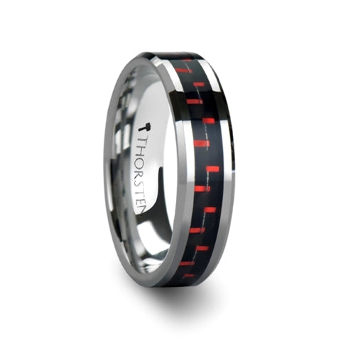 Mens Tungsten Carbide Black & Red Carbon Fiber Inlaid Wedding Ring - Beveled Comfort Fit - 6mm 8mm Wide - Style name: AURELIUS