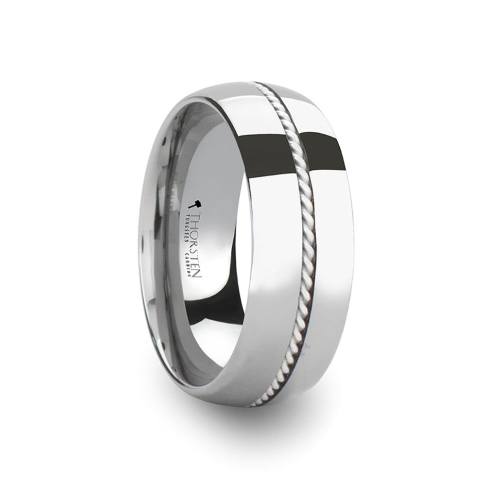 Mens Tungsten Carbide Braided Silver Inlayed Wedding Ring - Domed Comfort Fit - 8mm Wide - Style name: LYON