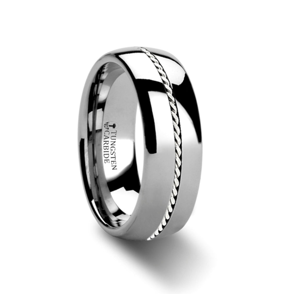 Mens Tungsten Carbide Braided Platinum Inlay Wedding Ring - Domed Comfort Fit - 6mm 8mm Wide - Style name: PHYTHEON