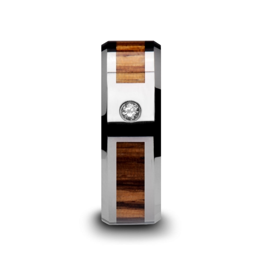 Mens Tungsten Carbide Real Zebra Wood Inlay Diamond Wedding Ring - Beveled Comfort Fit - 8mm Wide - Style name: SABER