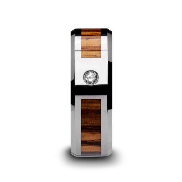 Mens Tungsten Carbide Real Zebra Wood Inlay Diamond Wedding Ring - Beveled Comfort Fit - 8mm Wide - Style name: SABER
