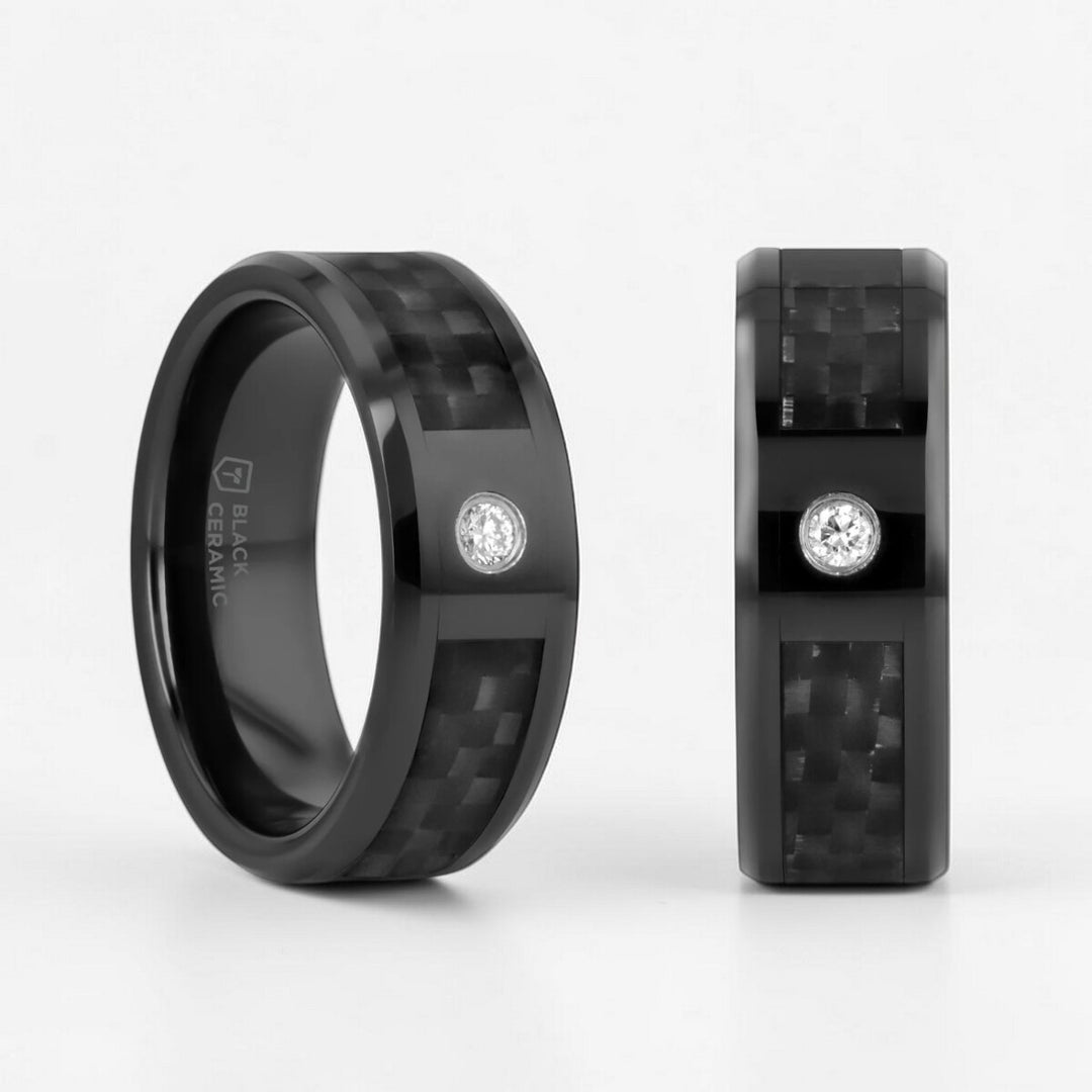 Mens Black Ceramic Black Carbon Fiber Inlay Diamond Wedding Ring - Domed Comfort Fit - 8mm Wide - Style name: ANGUS